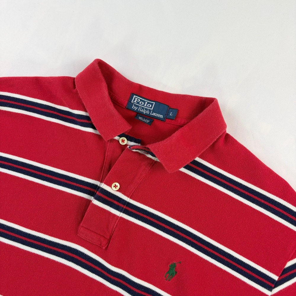 Polo Ralph Lauren Striped Polo Shirt Mens Large Red Navy White Pique Cotton L